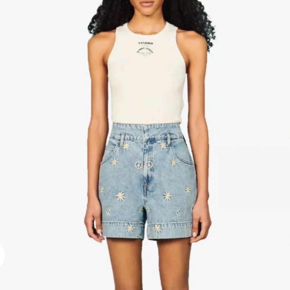 Sandro Younes Embroidered High Rise Organic Denim Shorts - Picture 10 of 10